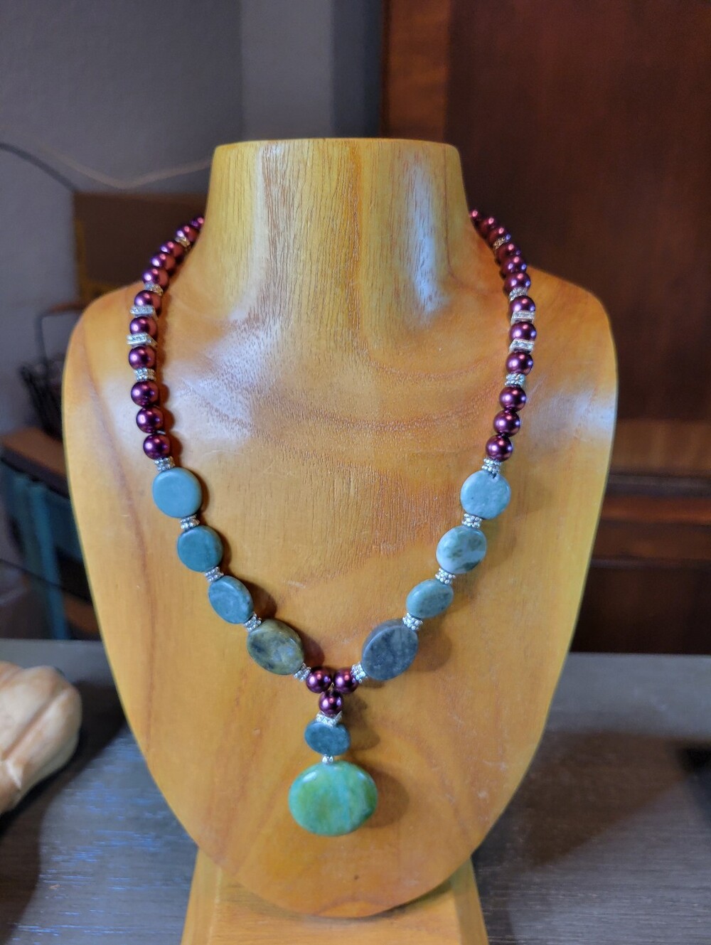 Handcrafted Green Stone Pendant Necklace with Purple Beads